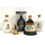 Bell's Christmas 1989 Whiskey no contents by Wade, 3 x Dimple whiskey bottles, small Bells bottle,