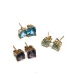 3 x 9ct gold paired gemstone stud earrings inc. aquamarine, prasiolite & tourmaline (4g)