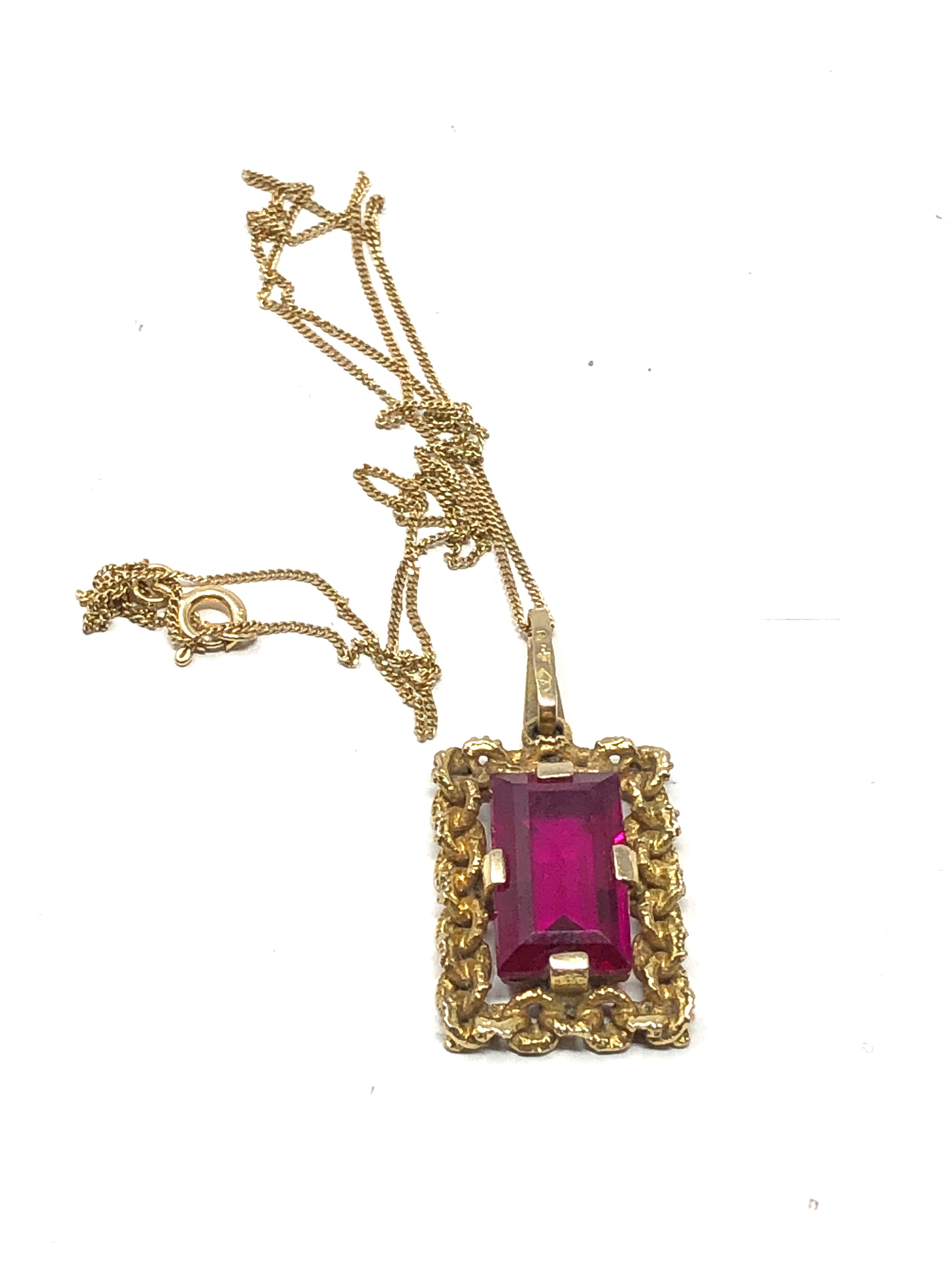 9ct gold vintage synthetic ruby drop pendant necklace (3.3g)