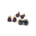 3 x 9ct gold paired gemstone stud earrings inc. amethyst & topaz (3.7g)