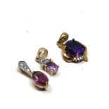 3 x 9ct gold gemstone & diamond pendants inc. amethyst & garnet (2.9g)