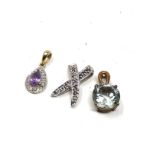 3 x 9ct gold gemstone pendants inc. amethyst, prasiolite & diamond (2.4g)