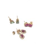 3 x 9ct gold gemstone drop and stud earrings inc. ruby & green gemstone (3g)