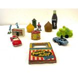 Selection of vintage and later toys, including punch and Judy book, tin wind up box, matchbox etc