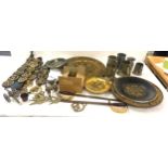 Selection of assorted brassware and metalware to include Tankards, chargers etc