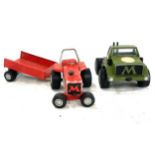 Vintage Meccano army truck 3287, and tractor with trailer, trailer attachment in need of repair