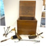 Lined mahogany coal box with contents, Height 13.5 inches, Width 16 inches