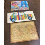 3 large wall hanging canvases, to include images of a mini, globe etc, largest canvas measures: 39 x