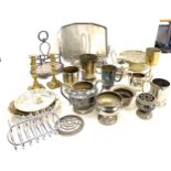 Large selection of silver plated items to include candle sticks, toast rack etc