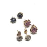 3 x 9ct gold ruby, sapphire and diamond stud earrings (3.7g)