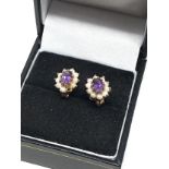 9ct gold amethyst & pearl earrings weight 2.4g needs 1 replacement pearl