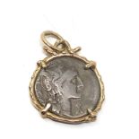 Ancient silver coin mounted in 9ct gold coin measures approx 175mm dia weight 5.7g
