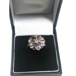 9ct gold multicolour gemstone & white topaz floral set ring (3.5g)