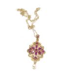 9ct gold ruby and pearl drop pendant necklace 3.7g