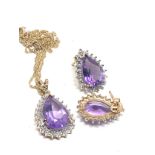 9ct gold amethyst and diamond stud earrings and pendant necklace set (6g)