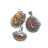 3 X Sterling Silver Statement Foliate Styled Amber Jewellery (56g)