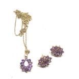 9ct gold amethyst cluster stud earrings and pendant necklace set (2.4g)