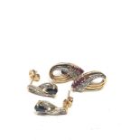 2 x 9ct gold sapphire, ruby and diamond stud earrings (3.9g)