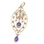 Fine Antique 15ct gold amethyst & seed pearl pendant measures approx 5.3cm drop by 2cm wide weight