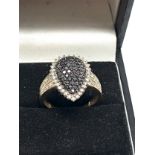 Fine 9ct gold diamond ring set with central black diamonds with diamond halo & diamond shoulders