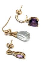 3 9ct gold earrings inc amethyst & diamond weight 2.8g