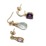 3 9ct gold earrings inc amethyst & diamond weight 2.8g