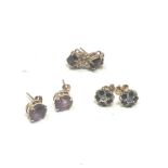 3 X 9ct Gold Paired Gemstone Stud Earrings Inc. Garnet, Sapphire, Amethyst & Diamond (3.3g)