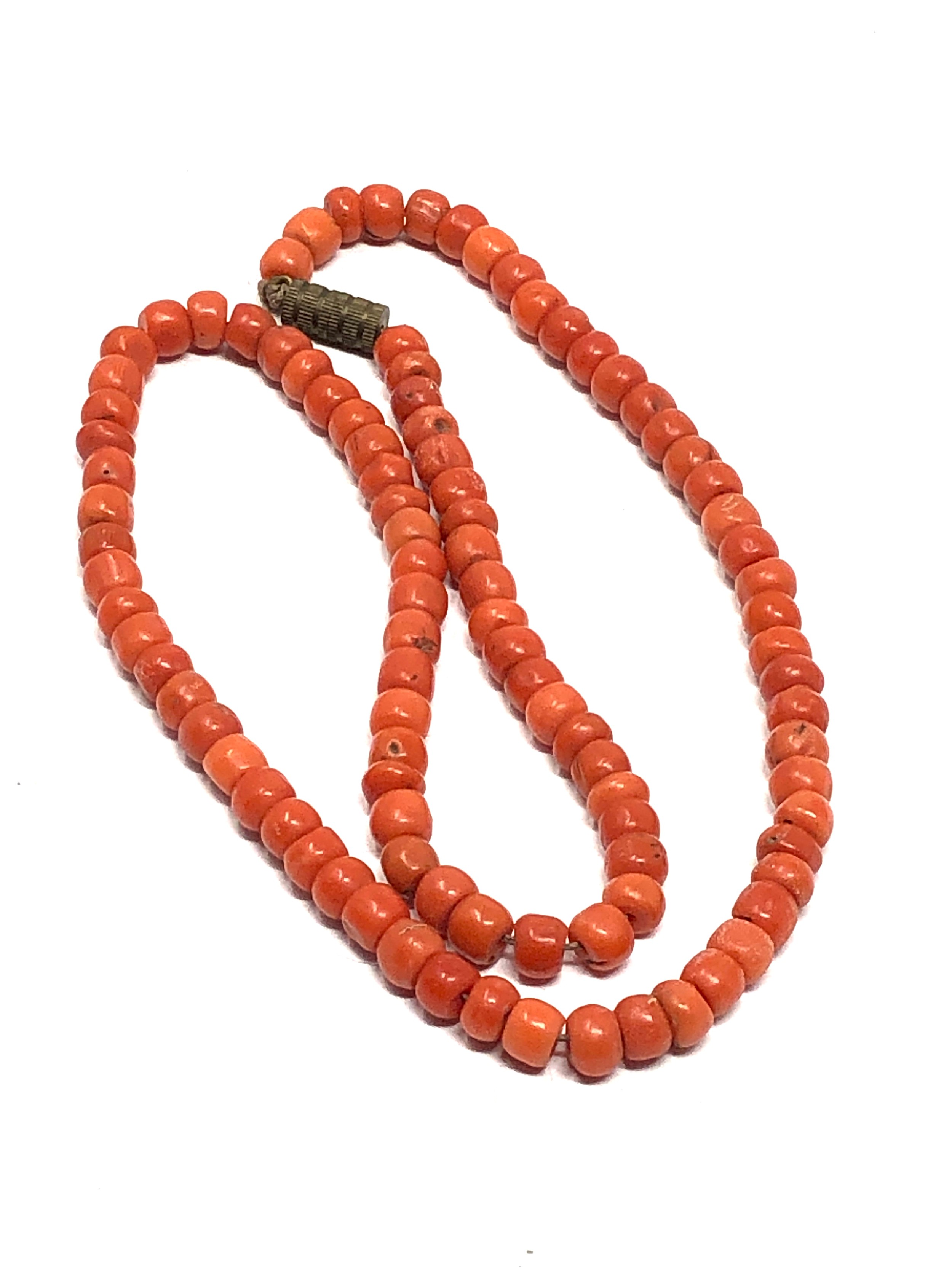 Fine Antique red coral necklace average size of beads approx 6.mm weight 25g later metal clasp