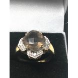 9ct Gold Diamond Framed Smokey Quartz Floral Set Ring (5.5g)