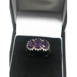 9ct Gold Diamond Framed Amethyst Ring (3.3g)