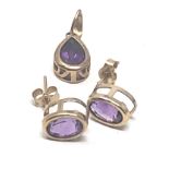 2 X 9ct Gold Amethyst Pendant & Paired Stud Earrings (1.3g)
