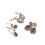 3 X 9ct Gold Paired Gemstone Drop Earrings Inc. Amethyst, Blue Quartz, Garnet & Diamond (7.2g)