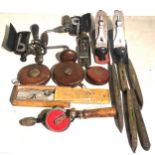 Collection of vintage tools includes wood planes hand drills spirit levels etc
