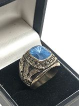 1980 10k white gold college ring greene county tech set with blue topaz weight 15.8g