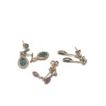 3 X 9ct Gold Paired Gemstone Drop Earrings Inc. Ruby, Sapphire, Topaz & Diamond (3.4g)