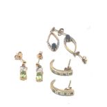 3 X 9ct Gold Paired Gemstone Drop Earrings Inc. Sapphire, Peridot & Emerald (4.5g)