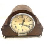Oak Enfield mantel three key hole clock with key and pendulum, untested