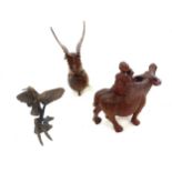 2 Wooden animal ornaments and a bronze bird ornament, height of tallest: 17 cm