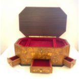 Bur Walnut marquetry style large lockable jewellery box, approximate measurements: Height 6.5