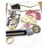 Tray of costume jewellery includes ladies bags, compacts etc