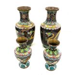 2 Pairs of Cloisonne vases with 5 toe dragon design, largest pair measures approx 10 inches tall,