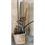 Large selection garden hand tools to include hoes, spade, fork rake etc