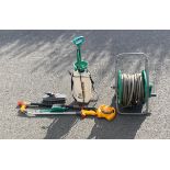 Selection of garden tools to include hose pipe on reel, sprayers etc