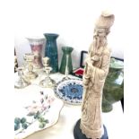 Selection of pottery to include vases, silver plated pieces, resin, oriental figure on stand,