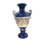 vintage blue two handled vase with greek design measures approx 18 inches tall