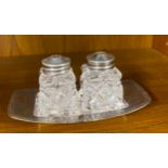 David Anderson small silver plated tray with silver topped salt and pepper shakers