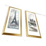 Two Paris Prints in Wooden Frames By Ortiz Alfau Classic French, Eiffel Tower and Notre Dame,