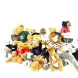 Large selection of vintage and later teddy bears includes Micky Mouse, polar bear, Mounty etc