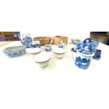 Selection of miscellaneous includes blue and white pottery, wooden bowls etc