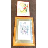 Framed print, framed oriental drawing both signed, largest measures: Height 35 inches, Width 25